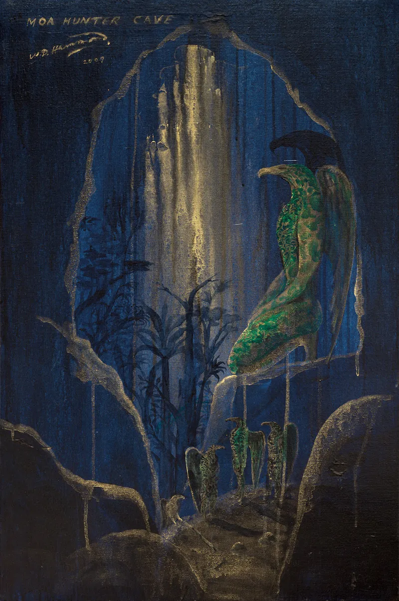 A dark painting, a cave interior, a large bird-man figure seated at the right. Feathers gleam green.