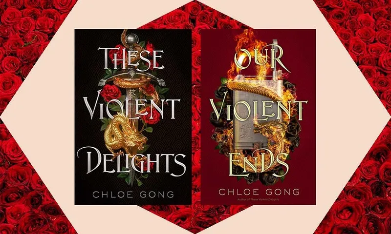 Two book covers, both fiery, featuring golden dragons and flame, a dagger. Set on background of red roses.
