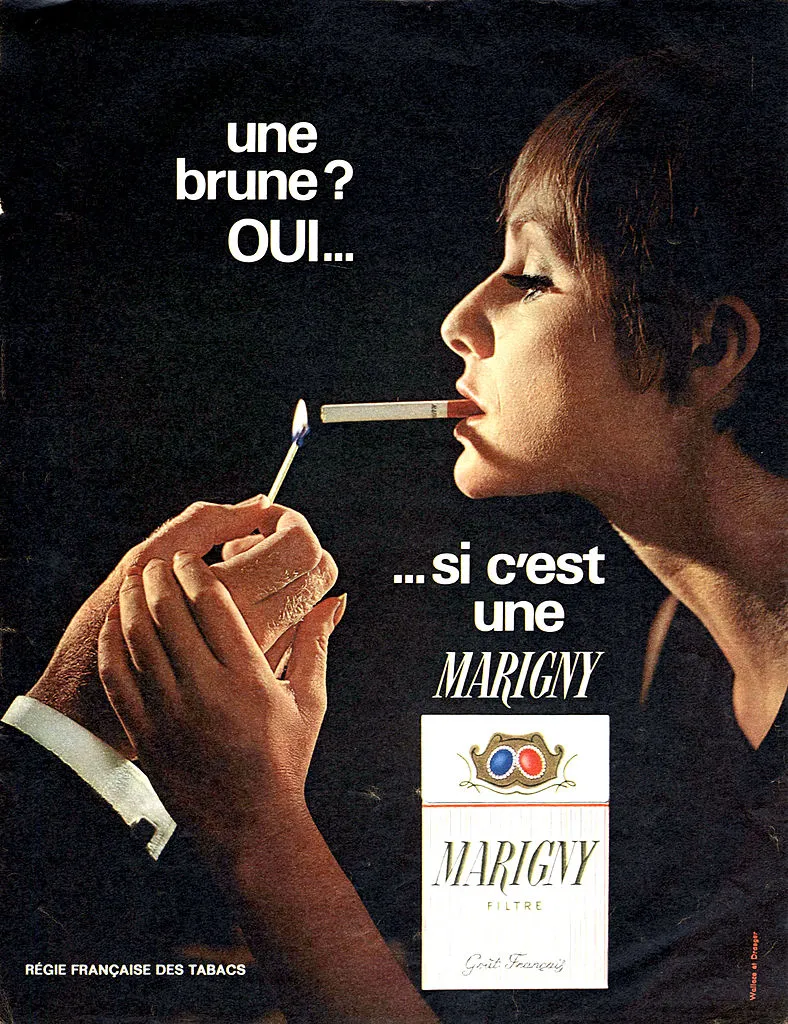 French advert for the cigarettes Marigny, publishing during 1970's;;
