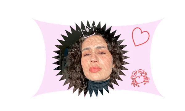 Photograph of a young woman, confident look on her face, dappled light, curls. Design elements include heart illustration, crab illustration, pink background.