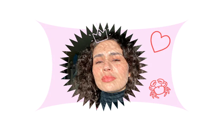 Photograph of a young woman, confident look on her face, dappled light, curls. Design elements include heart illustration, crab illustration, pink background.