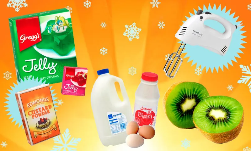 Deranged collage of cooking ingredients: jelly crystals, custard powder, cream, milk, eggs, kiwifruit, plus electric beaters, all laid out on a bright orange background in rays like the sun rising.
