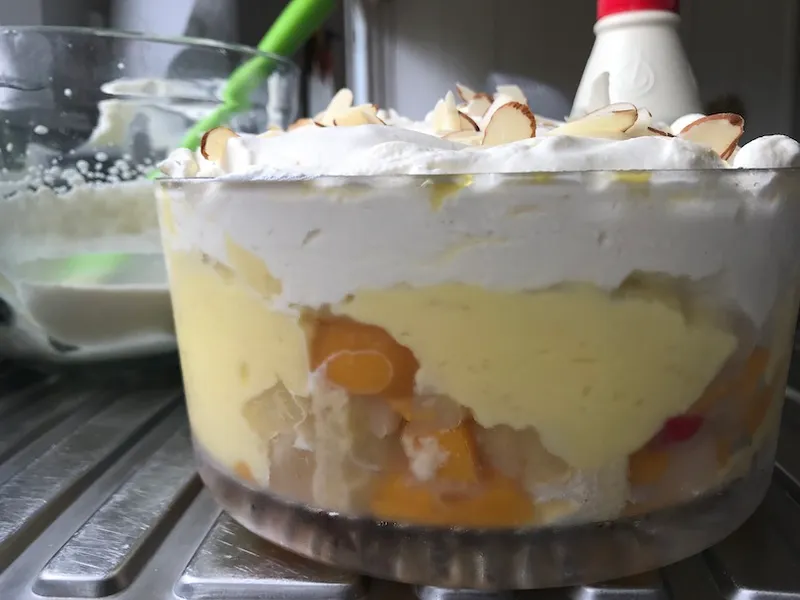 Side view of a magnificently big, if dull-looking trifle. Lots of custard and cream, no pretty strawberries or anything.