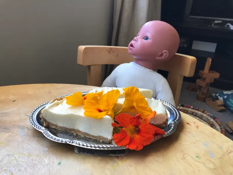 A child's table. A toy baby seated in a chair. Foreground: a silver plate with slices of cheesecake, decorated haphazardly with nasturtium flowers.