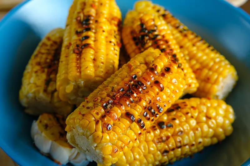 The cobs of yellow corn roasted on the grill, sprinkled with spices on the vibrant ceramic plate. The concept of cooking homemade food.