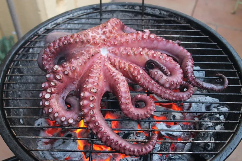 High Angle View Of Seafood On Barbecue Grill