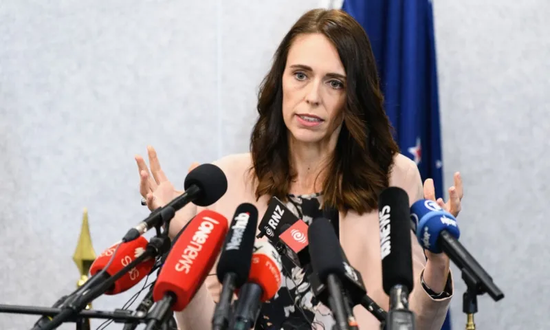 Jacinda Ardern announcing new travel restrictions getty