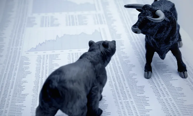 Stock market report with bull and bear