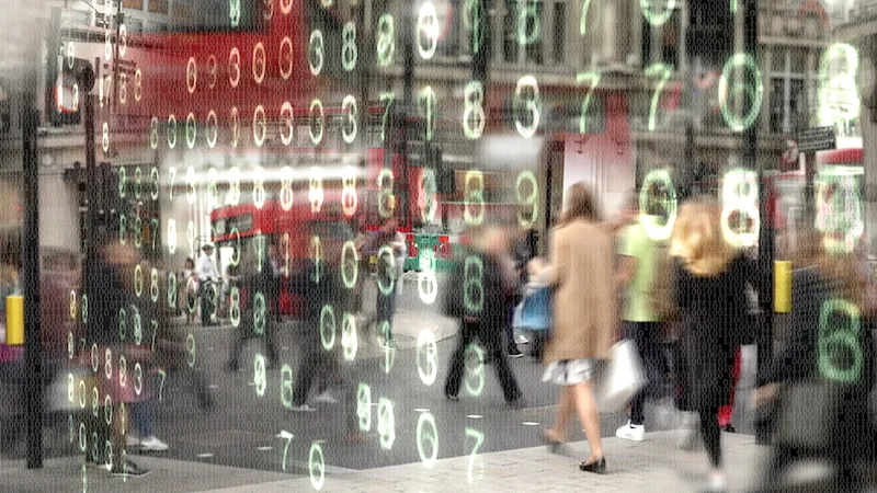 Shoppers made from binary code.