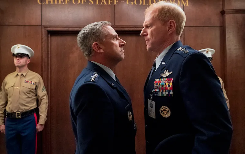 SPACE FORCE (L TO R) STEVE CARELL as GENERAL MARK R. NAIRD and NOAH EMMERICH as KICK GRABASTON in episode 103 of SPAC...