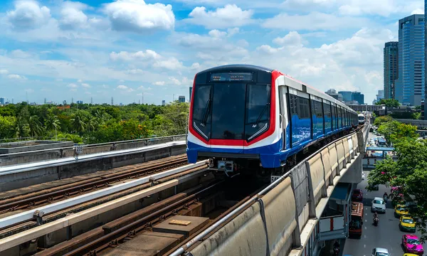 BTS Sky Train is running in downtown of Bangkok, Thailand.