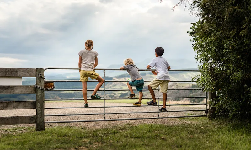 Three kids climbing on a gate with mountains in the distance