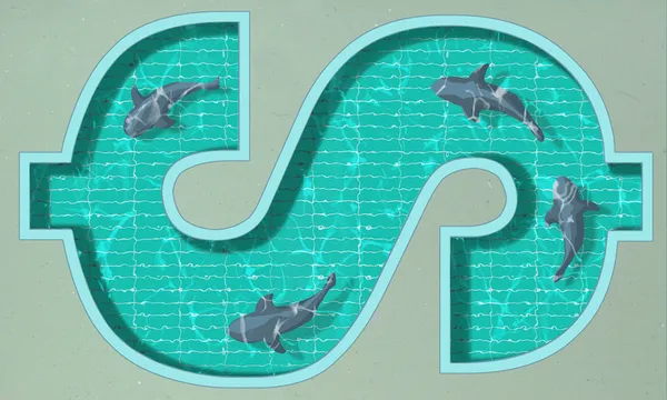 A dollar sign shaped swimming pool with four sharks swimming in it