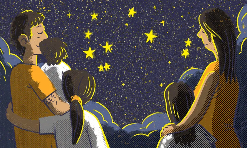 An illustration of two adults and two children standing together, gazing at a star-filled night sky while hugging each other, surrounded by clouds and glowing yellow stars.