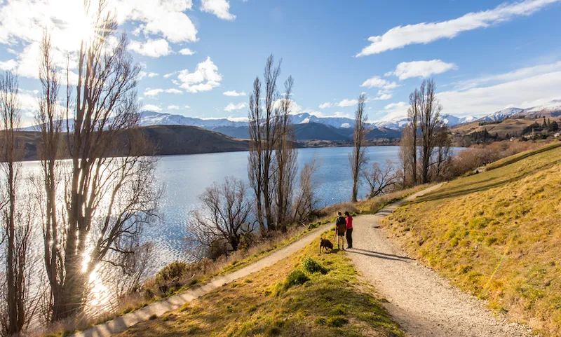 Two people walking a dog at Lake Hayes
