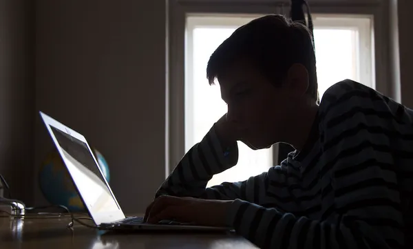 A Boy Sitting At A Laptop
