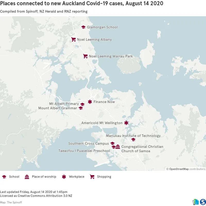 Places connected to new Auckland Covid-19 cases, August 14 2020