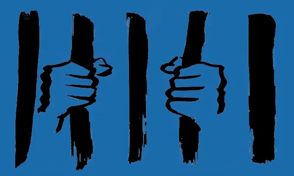 Abstract illustration of hands holding prison bars, on blue background.