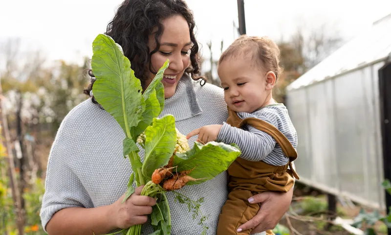 Candid portrait mother a baby in vegetable garden with home grown produce