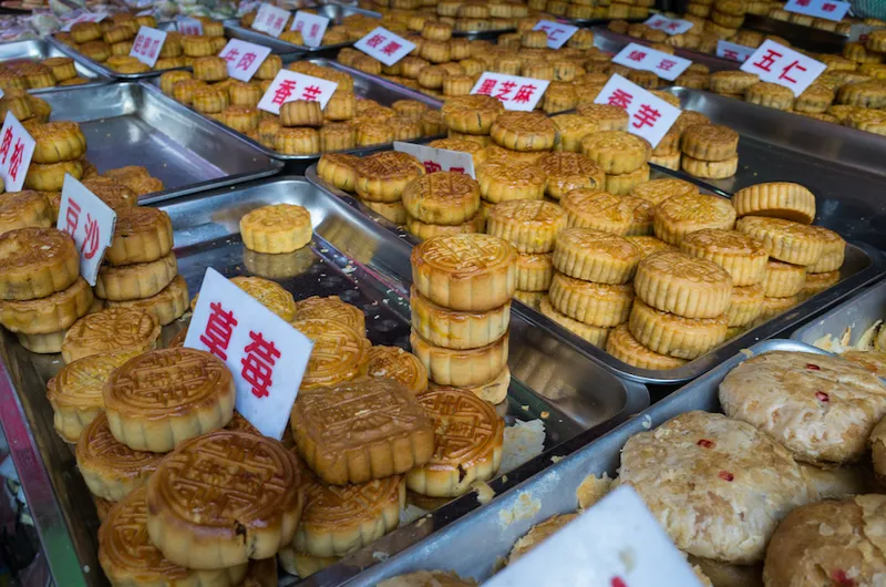moon cakes selling at the street market