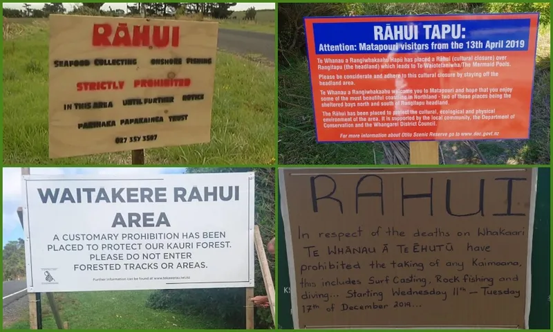 Four signs announcing rāhui (customary prohibitions) in New Zealand forests and beaches, with text warning public entry is restricted or activities are prohibited to protect nature or show respect after deaths. Lush greenery is visible behind each sign.