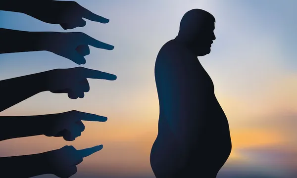Concept of discrimination with an obese man pointed the finger for his overweight.
