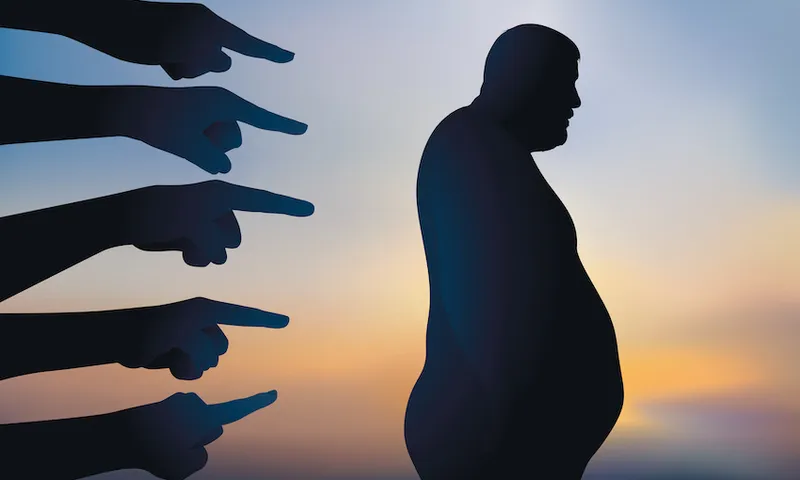 Concept of discrimination with an obese man pointed the finger for his overweight.