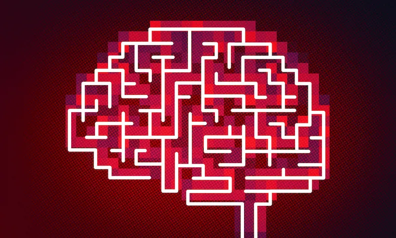 Pixelated brain icon on red