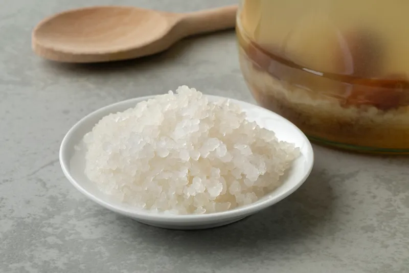 Bowl with organic probiotic water kefir grains