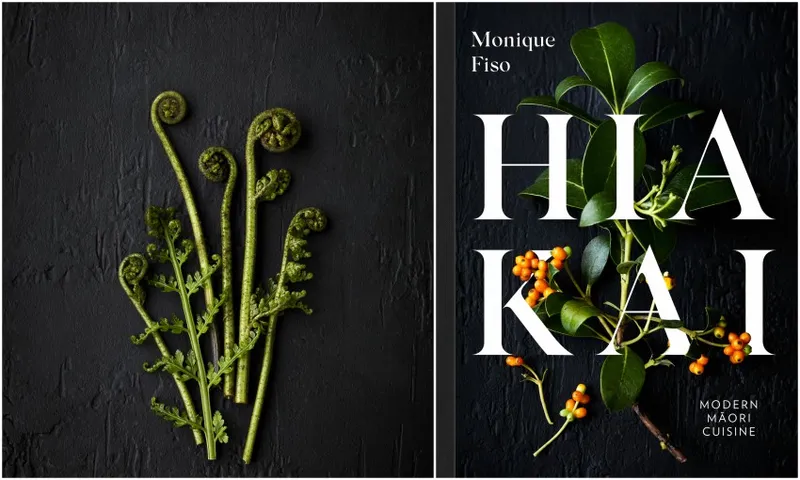 A photograph of pikopiko fronds arranged on a black background. The cover of Hiakai.