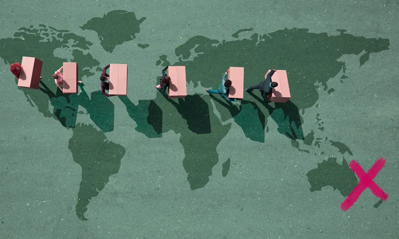 Businesspeople walking across painted world map, carrying moving boxes