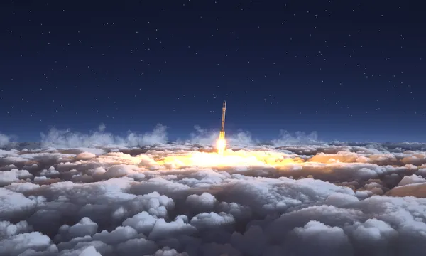 Rocket flies through the clouds on moonlight