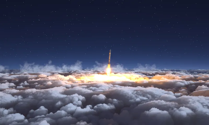 Rocket flies through the clouds on moonlight