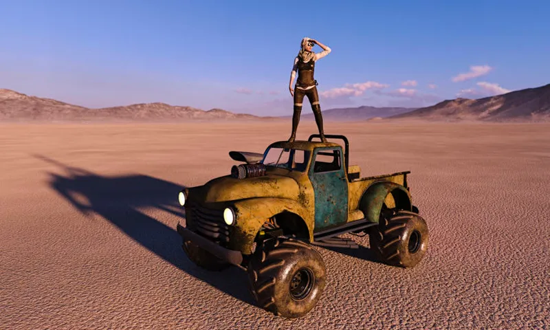 Woman on roof of truck searching in desert