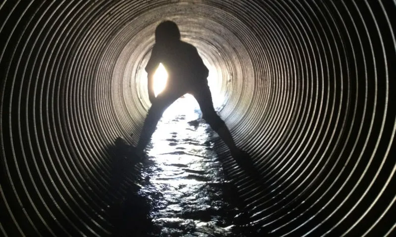 Rear view of silhouette boy standing in sewage tunnel