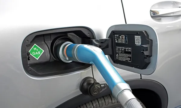 Hydrogen refueling on the hydrogen filling station on the motor show