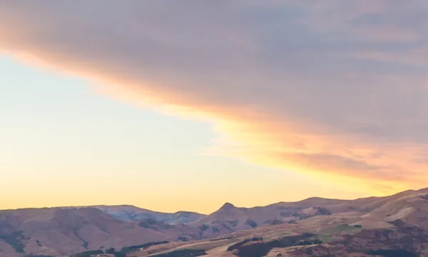 Hiker looking at view at sunrise, Littleton bay, New Zealand