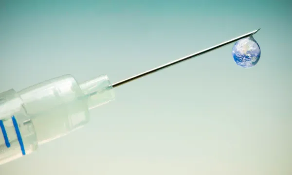 Shooting up earth, globe dripping out syringe (drugs medicine concept)