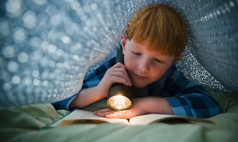 USA, New Jersey, Jersey City, Boy (8-9) reading book under bed covers