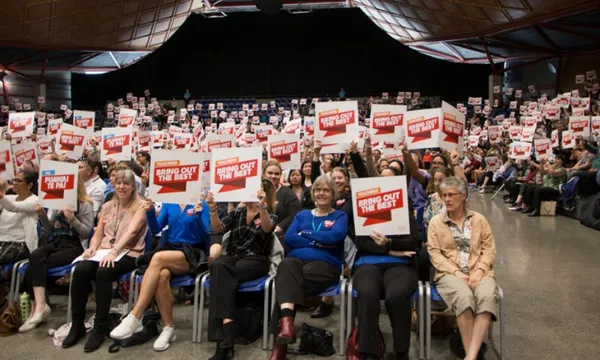 teachers at a union meeting rnz eva corlett