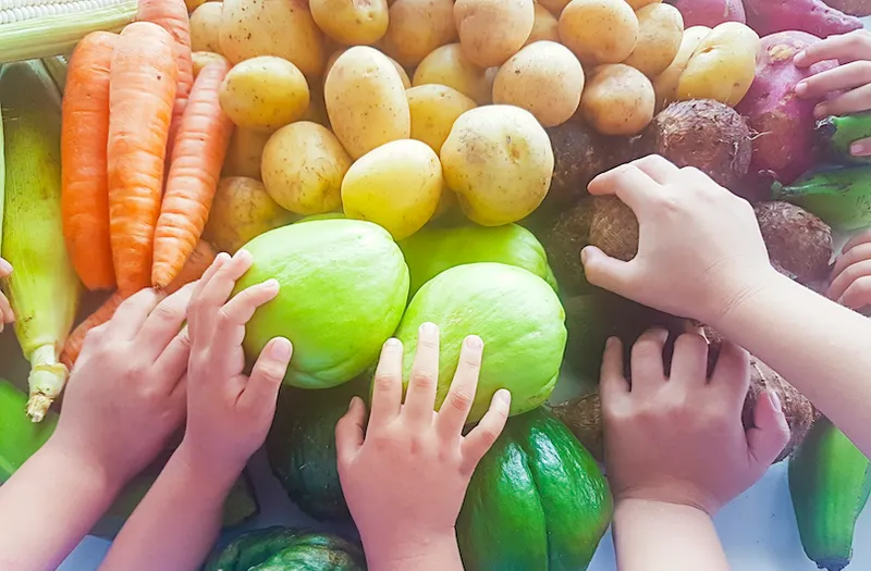 Little Kids showing fresh organic vegetables