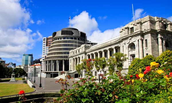 The Beehive & Parliament Buildings with spring roses in foreground, Wellington