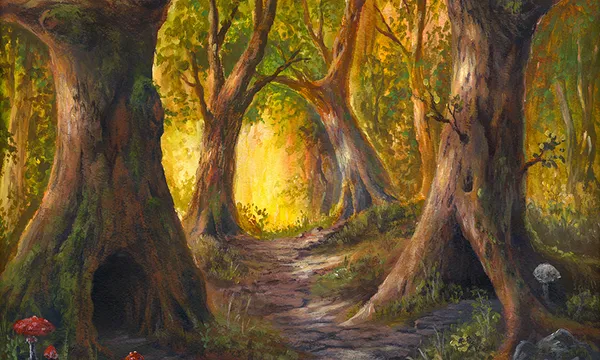 fairy tale forest, abode of fairy-tale creatures, acrylic painting on watercolor paper