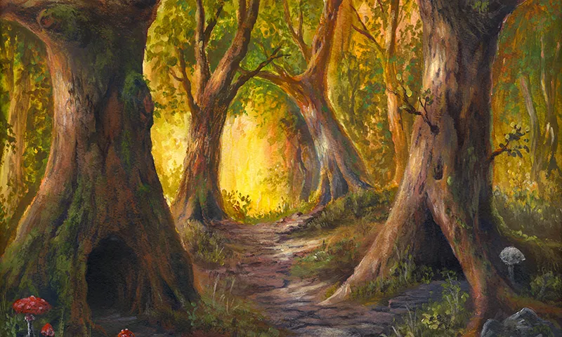 fairy tale forest, abode of fairy-tale creatures, acrylic painting on watercolor paper