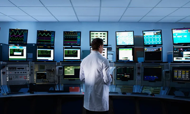 Scientist monitoring computers in control room