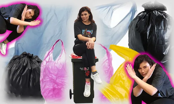 low waste diary header. josie on a rubbish bin