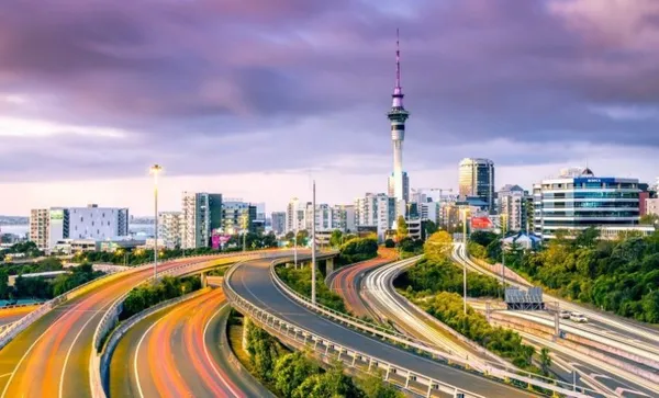 Urban roads with traffic leading to Auckland city