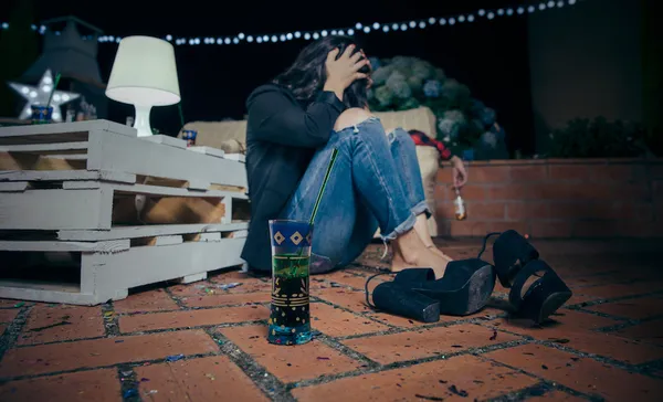 Drunk Young Woman During Party In Backyard At Night