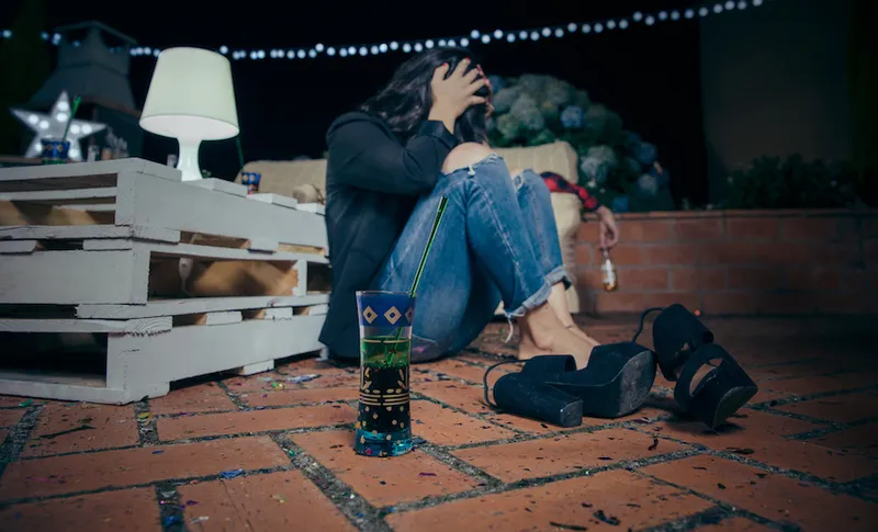 Drunk Young Woman During Party In Backyard At Night