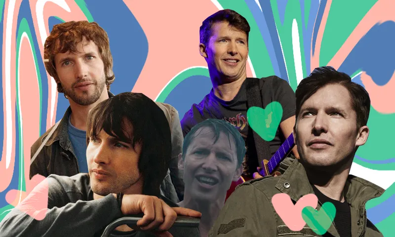 A collage of various images of James Blunt, taken across his career. The collage is set against a marbled background and dotted with love hearts.